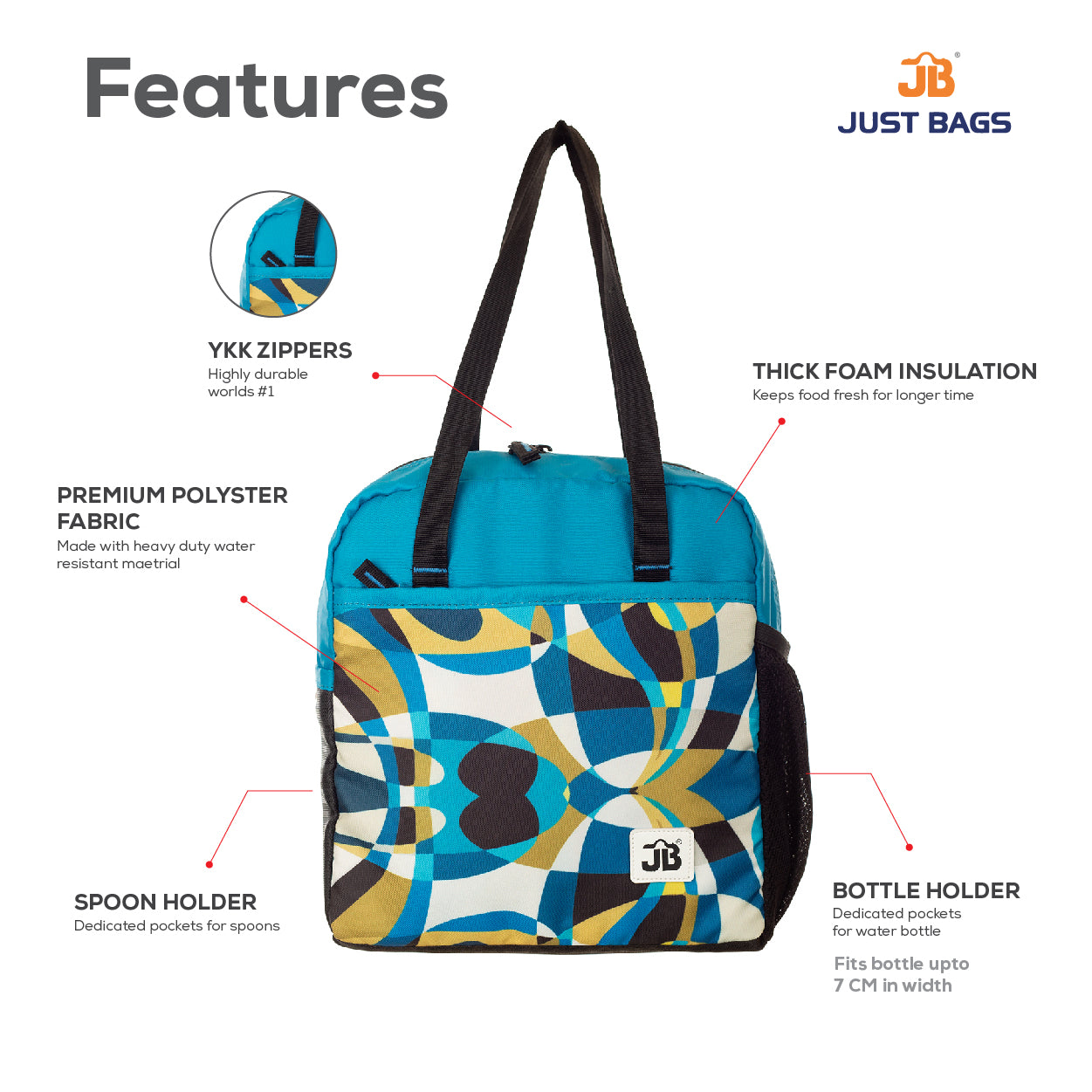 JUSTBAGS Taste Trekker 8Ltrs Insulated Lunch Bag with Bottle Holder - 2D Blue